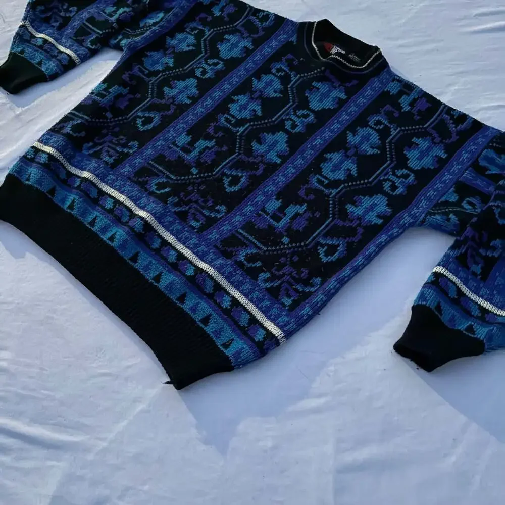 Vintage Todays News Mens Large Geometric Coogie Style Pullover Sweater Blue